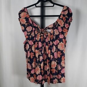 Old Navy Black and Pink Floral Blouse with Tie-Back - SZ XL